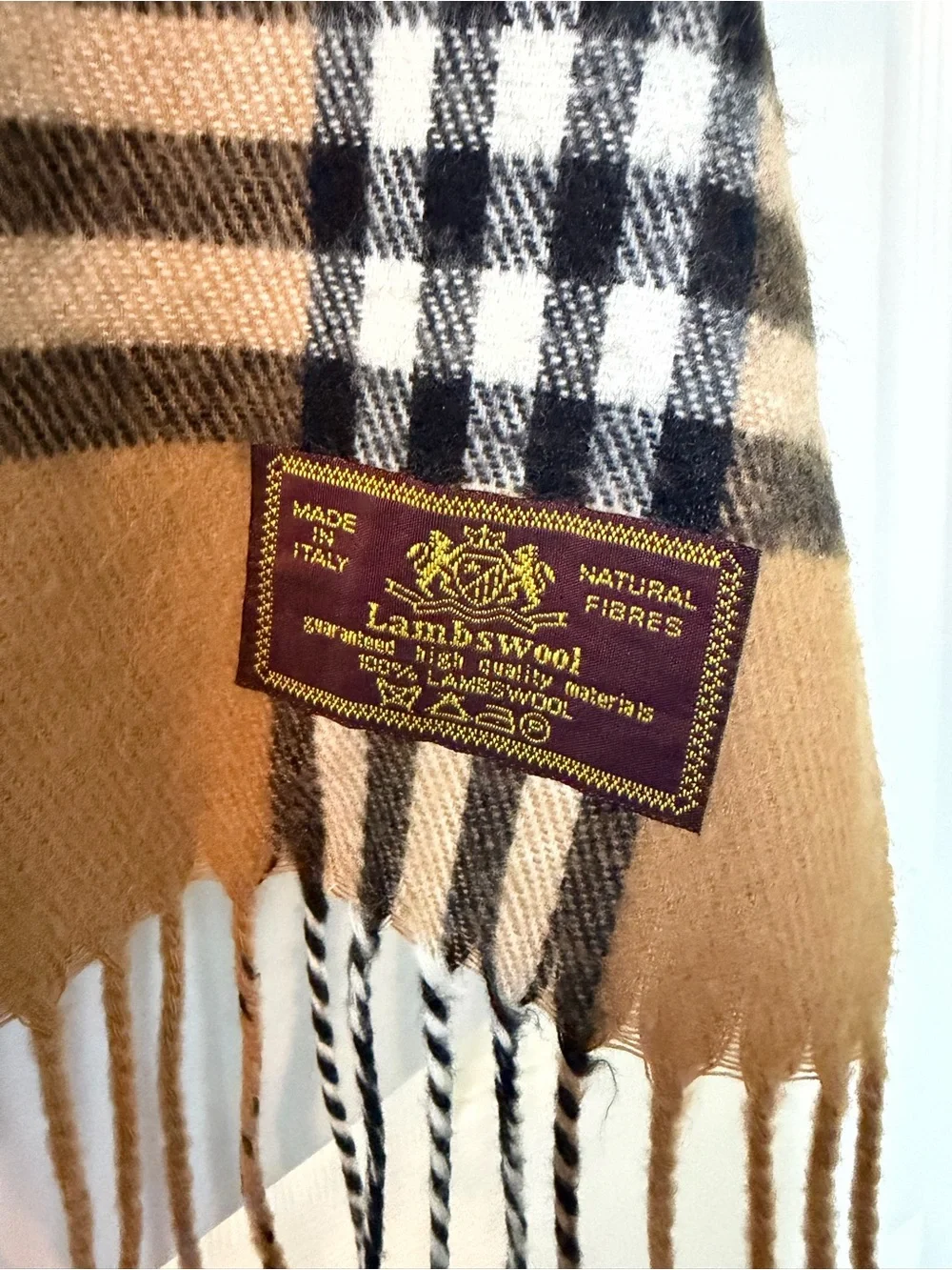 Lambswool Nova CheckTan Plaid Fringed Scarf Made in Italy